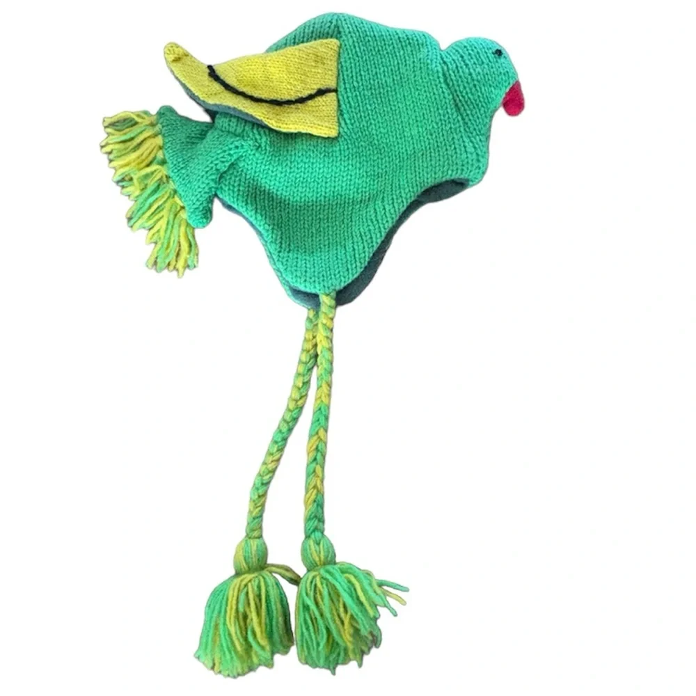 Bird shaped Knitted wool hat with ear flaps wings tail green lined made in Nepal